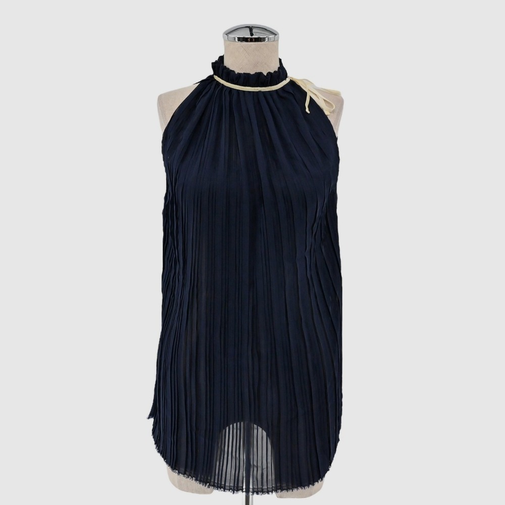PASCALINE PARIS Top Womens Size M Navy Blue Chiffon Pleated High Neck Bow Halter